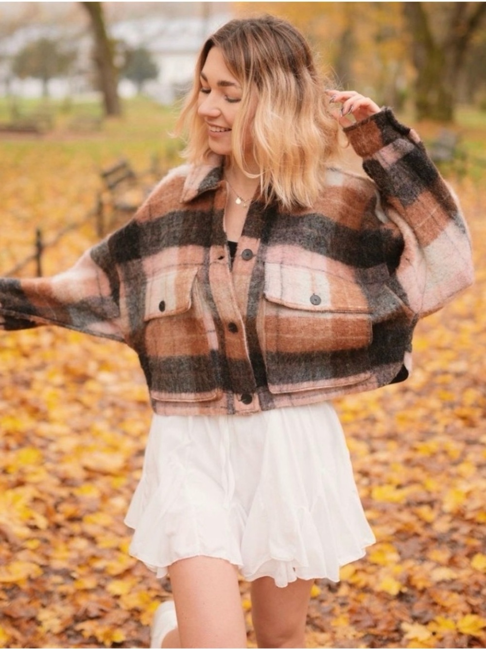 Zara 63% Wool Plaid Cropped Overshirt Shacket Pink Brown S